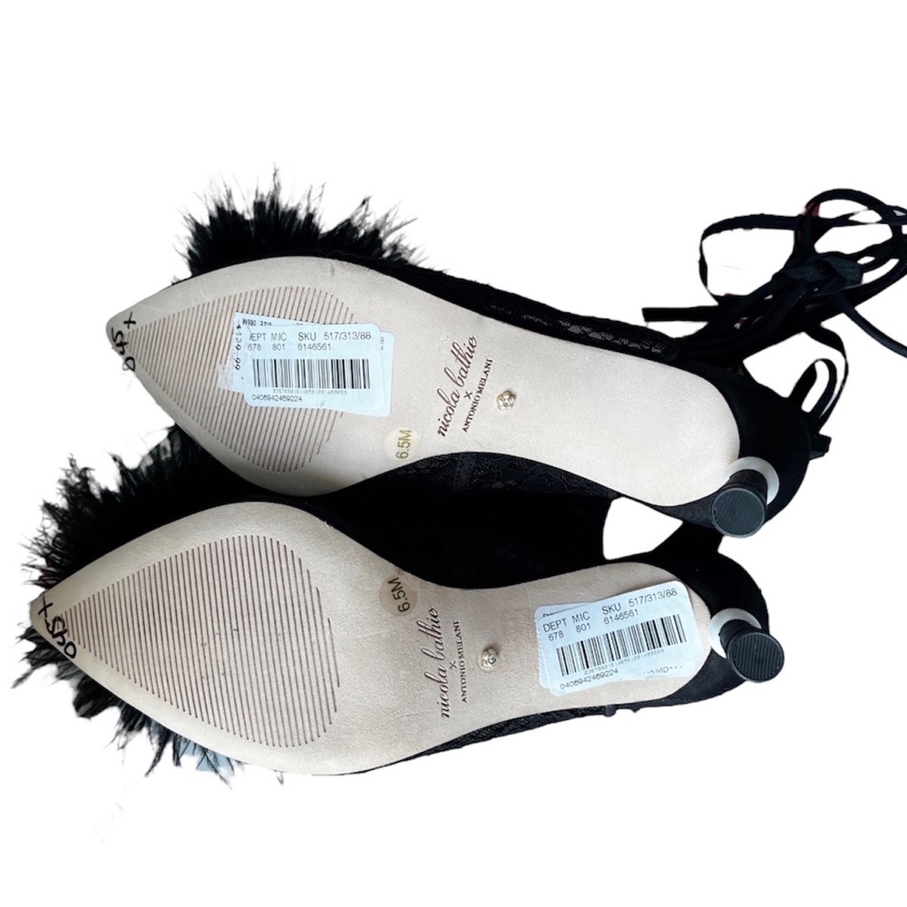 Antonio Melani NWT x Nicola Bathie Claire Ostrich Feather Ankle Wrap Heel - Picture 5 of 7